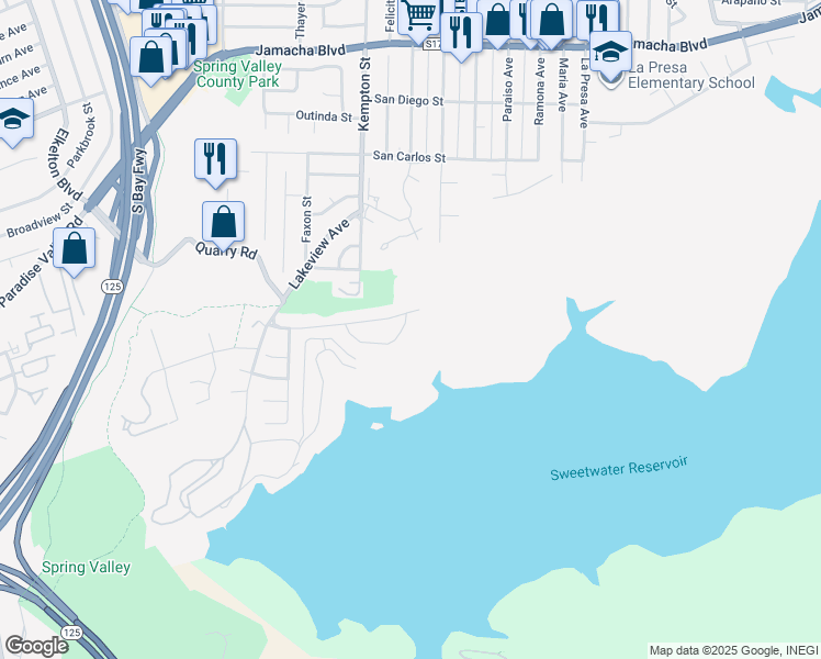 map of restaurants, bars, coffee shops, grocery stores, and more near 9177 Circulo Margen in Spring Valley