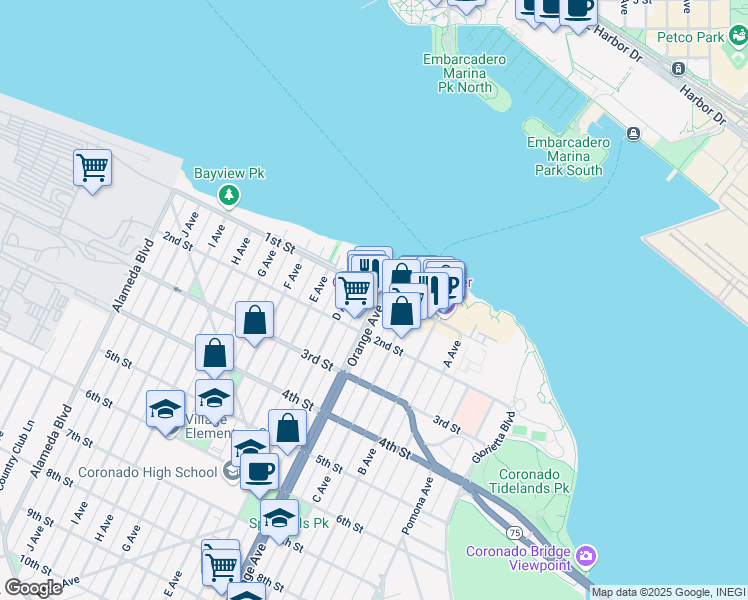 map of restaurants, bars, coffee shops, grocery stores, and more near 112 State Highway 75 in Coronado
