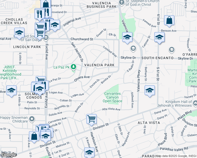 map of restaurants, bars, coffee shops, grocery stores, and more near 5550 Encina Drive in San Diego