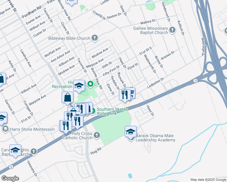map of restaurants, bars, coffee shops, grocery stores, and more near 4854 Elena Street in Dallas