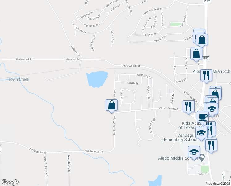 map of restaurants, bars, coffee shops, grocery stores, and more near 132 Old Tunnel Road in Aledo
