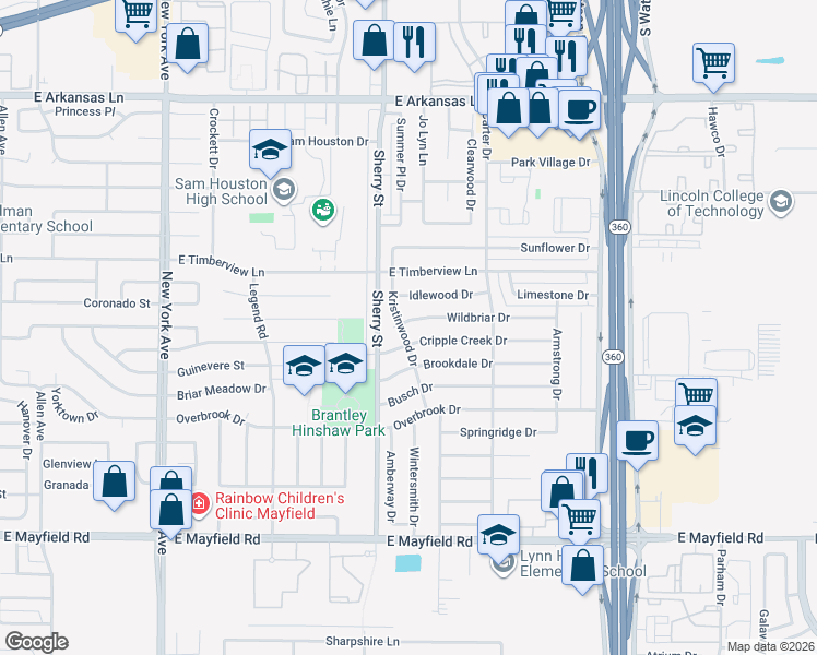 map of restaurants, bars, coffee shops, grocery stores, and more near 2300 Wildbriar Drive in Arlington
