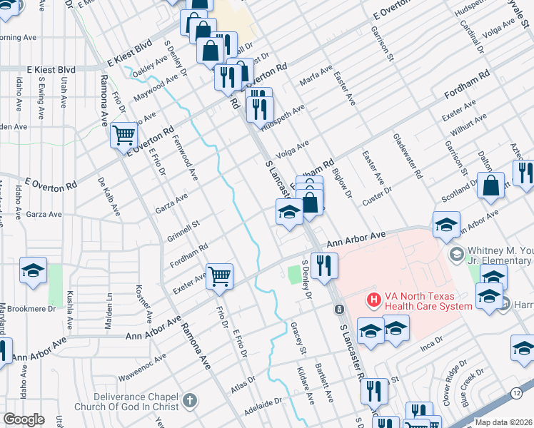 map of restaurants, bars, coffee shops, grocery stores, and more near 1746 Fordham Road in Dallas
