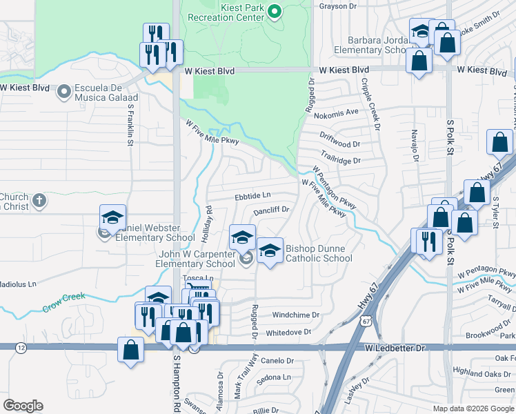 map of restaurants, bars, coffee shops, grocery stores, and more near 2003 Dancliff Dr in Dallas