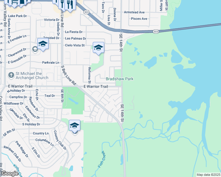 map of restaurants, bars, coffee shops, grocery stores, and more near 80 East Mountain Creek Court in Grand Prairie