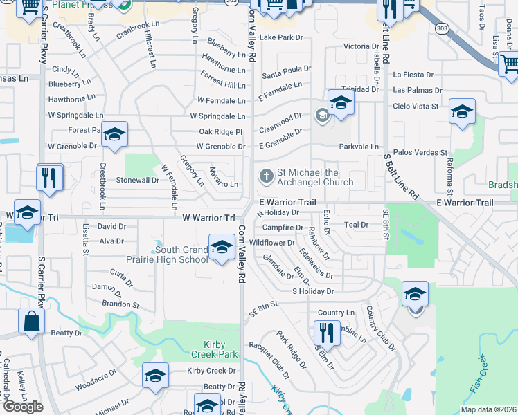 map of restaurants, bars, coffee shops, grocery stores, and more near 422 North Holiday Drive in Grand Prairie