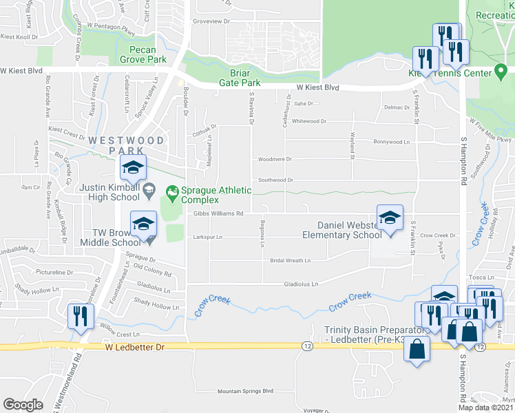 map of restaurants, bars, coffee shops, grocery stores, and more near 3603 West Jeffaline Lane in Dallas