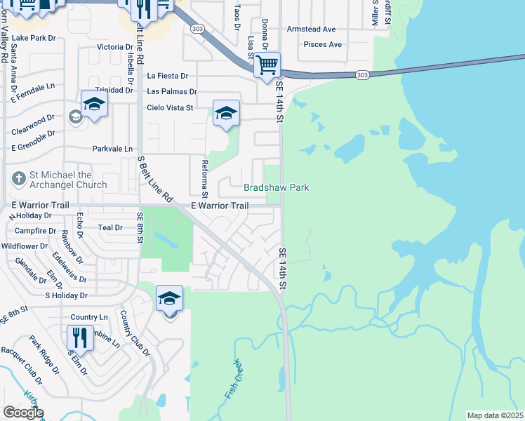 map of restaurants, bars, coffee shops, grocery stores, and more near 80 East Mountain Creek Court in Grand Prairie