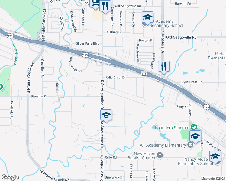 map of restaurants, bars, coffee shops, grocery stores, and more near 9630 Calle Del Oro Lane in Dallas