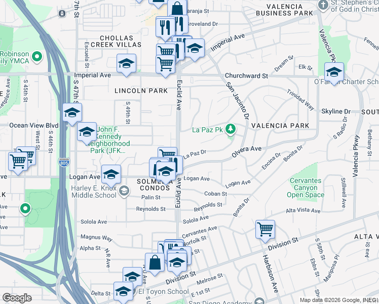 map of restaurants, bars, coffee shops, grocery stores, and more near 5128 La Paz Drive in San Diego