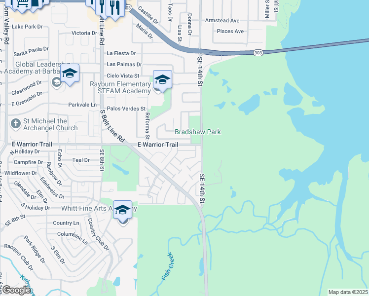 map of restaurants, bars, coffee shops, grocery stores, and more near 80 East Mountain Creek Court in Grand Prairie