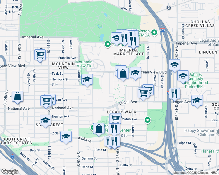 map of restaurants, bars, coffee shops, grocery stores, and more near 673 South 42nd Street in San Diego