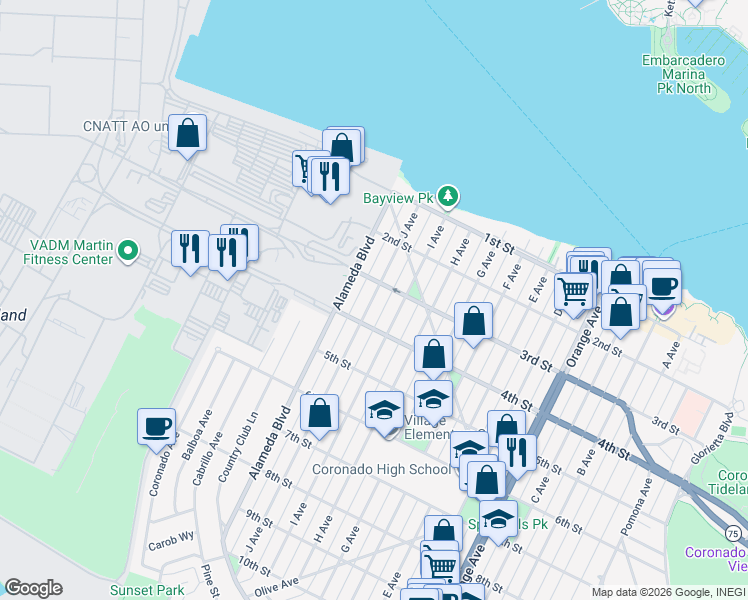map of restaurants, bars, coffee shops, grocery stores, and more near 316 I Avenue in Coronado