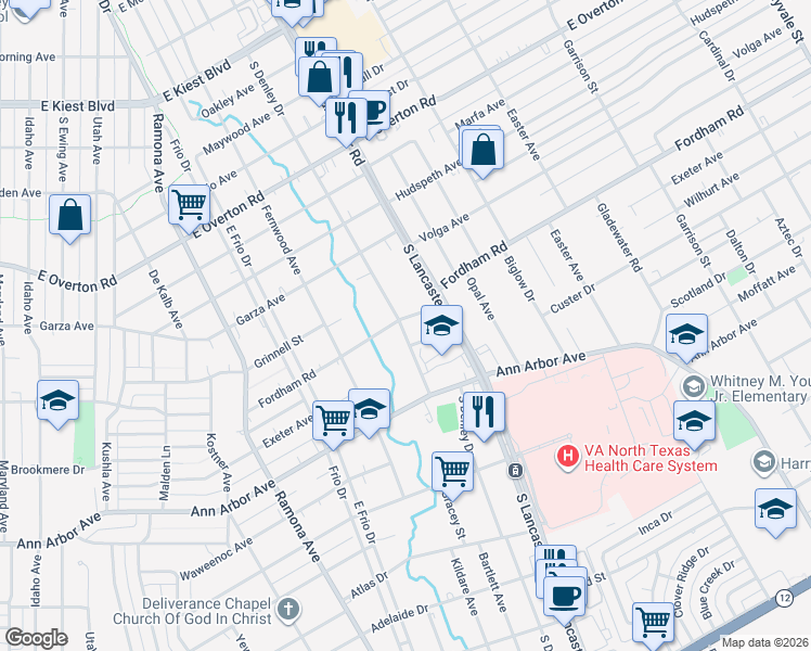 map of restaurants, bars, coffee shops, grocery stores, and more near 1746 Fordham Road in Dallas