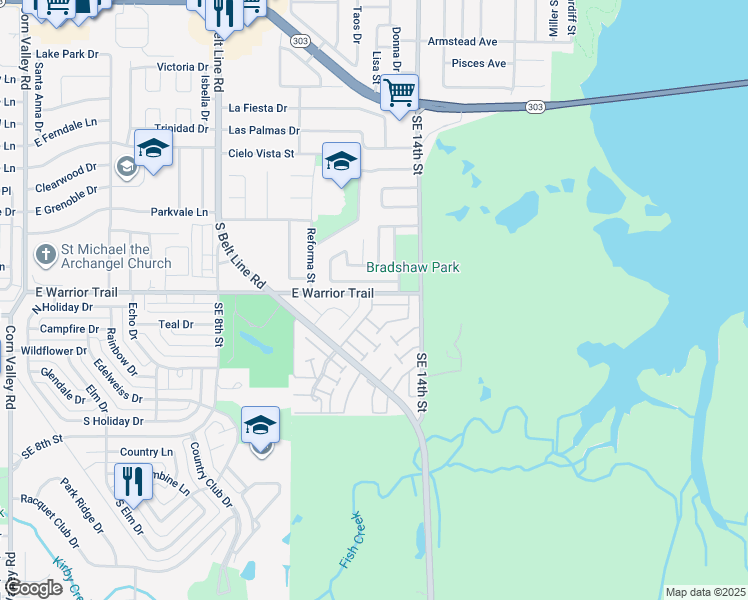 map of restaurants, bars, coffee shops, grocery stores, and more near 80 East Mountain Creek Court in Grand Prairie