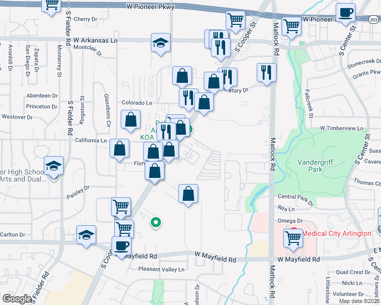 map of restaurants, bars, coffee shops, grocery stores, and more near 2811 South Cooper Street in Arlington