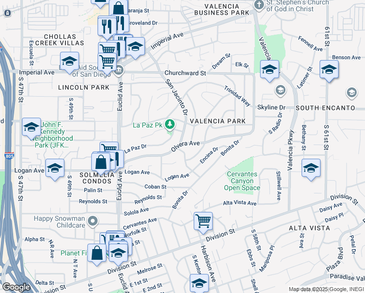 map of restaurants, bars, coffee shops, grocery stores, and more near 5411 Olvera Avenue in San Diego