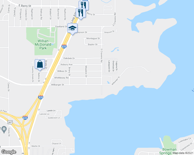 map of restaurants, bars, coffee shops, grocery stores, and more near 5944 Whittlesey Road in Fort Worth