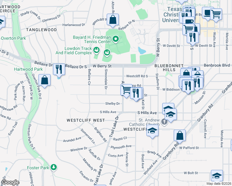map of restaurants, bars, coffee shops, grocery stores, and more near 3620 West Biddison Street in Fort Worth