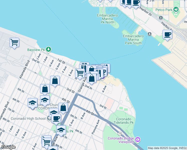 map of restaurants, bars, coffee shops, grocery stores, and more near in Coronado