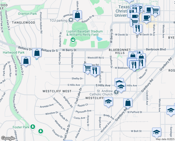 map of restaurants, bars, coffee shops, grocery stores, and more near 3536 West Biddison Street in Fort Worth