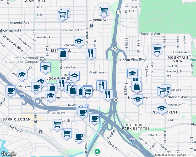 map of restaurants, bars, coffee shops, grocery stores, and more near 3260 Greely Avenue in San Diego