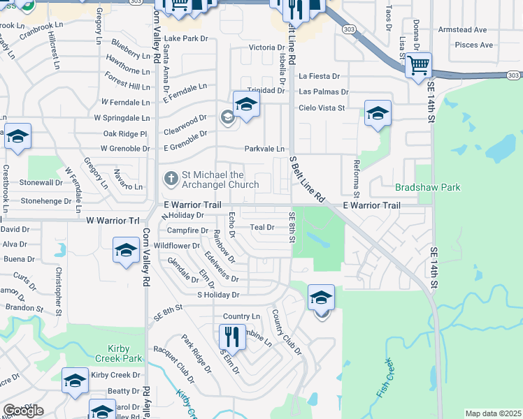 map of restaurants, bars, coffee shops, grocery stores, and more near 728 Rachel Street in Grand Prairie