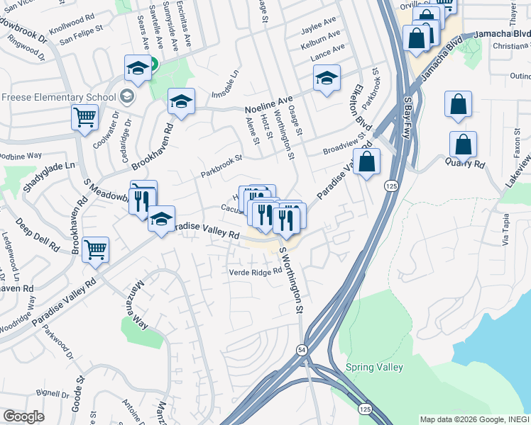map of restaurants, bars, coffee shops, grocery stores, and more near 8388 Cacus Street in Spring Valley