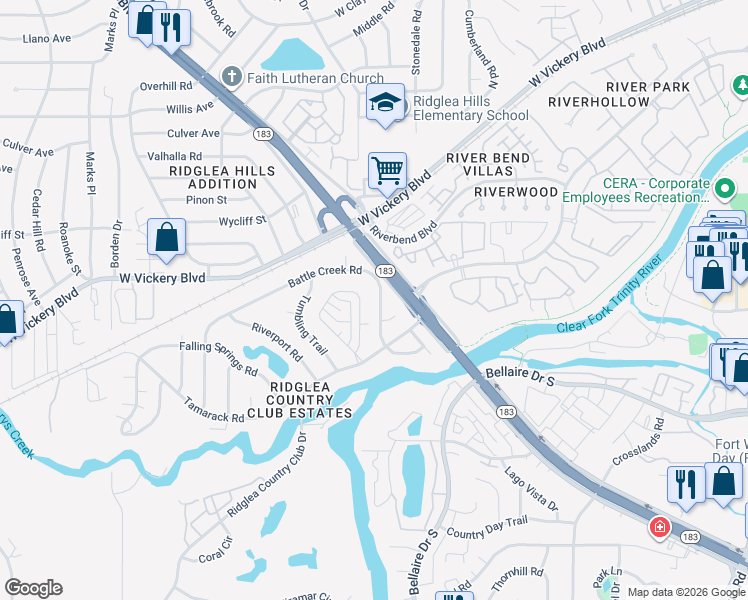 map of restaurants, bars, coffee shops, grocery stores, and more near 6921 Battle Creek Road in Fort Worth