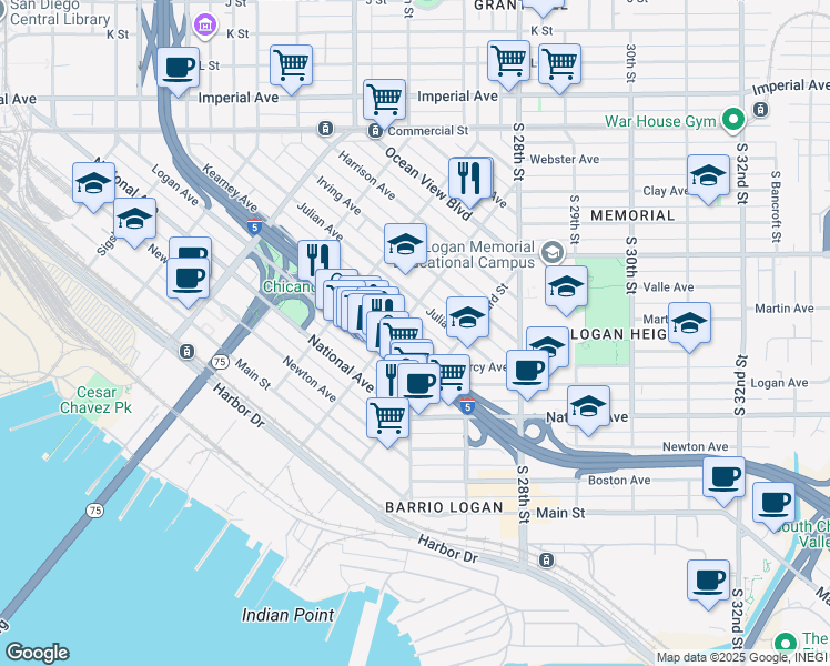 map of restaurants, bars, coffee shops, grocery stores, and more near 2216 Kearney Avenue in San Diego