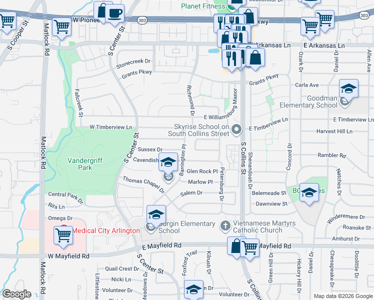 map of restaurants, bars, coffee shops, grocery stores, and more near 2801 Barrington Place in Arlington