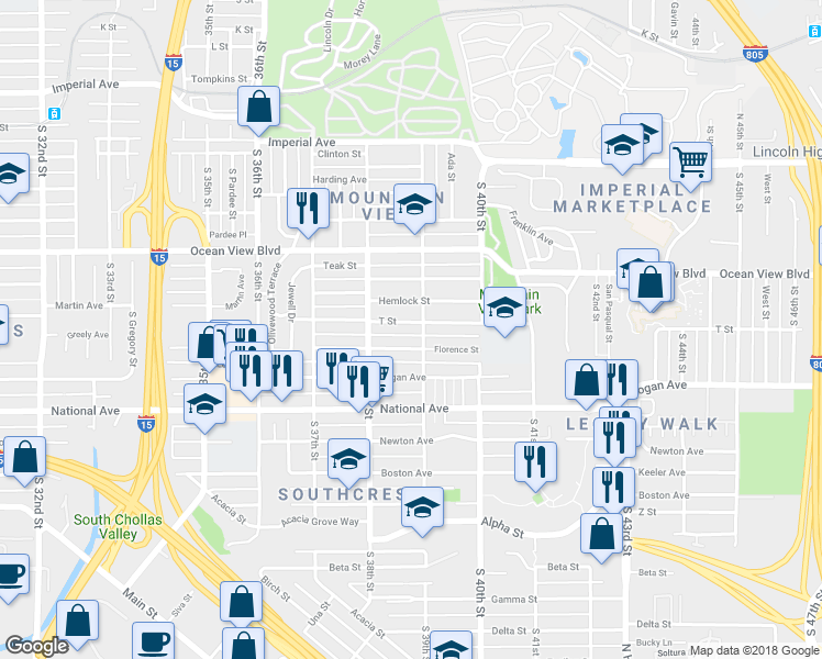 map of restaurants, bars, coffee shops, grocery stores, and more near 3873 T Street in San Diego