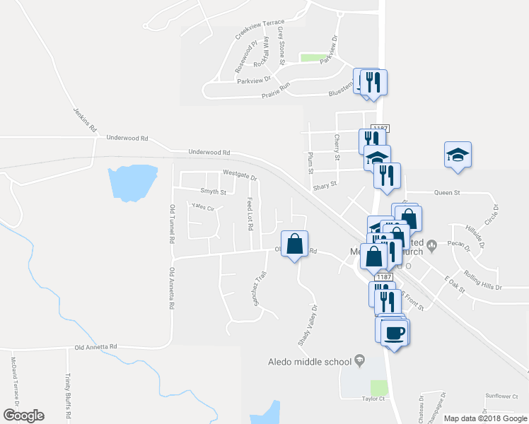 map of restaurants, bars, coffee shops, grocery stores, and more near 204 Westgate Drive in Aledo
