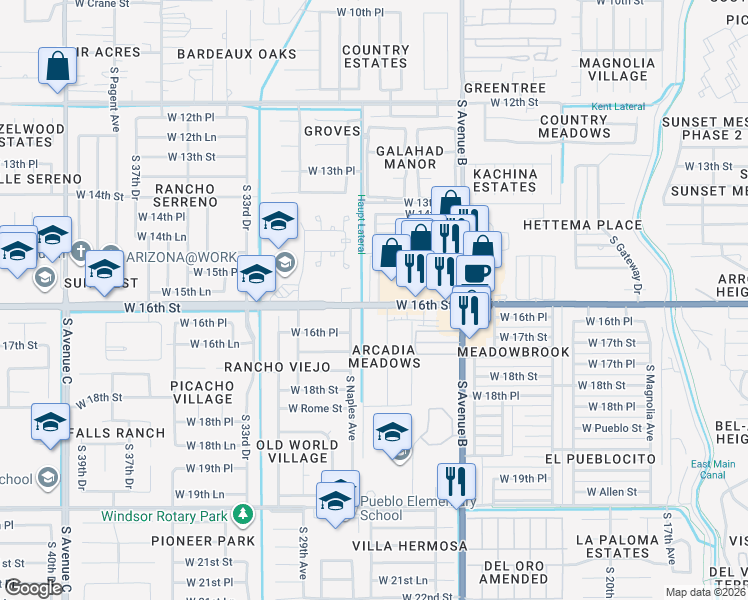 map of restaurants, bars, coffee shops, grocery stores, and more near 2660 West 16th Street in Yuma