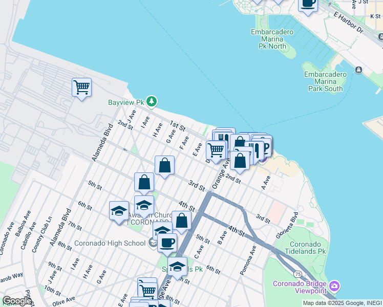 map of restaurants, bars, coffee shops, grocery stores, and more near 168 E Avenue in Coronado
