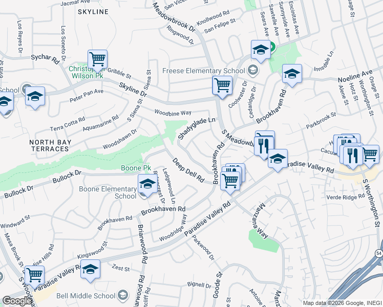 map of restaurants, bars, coffee shops, grocery stores, and more near 227 Coralwood Drive in San Diego