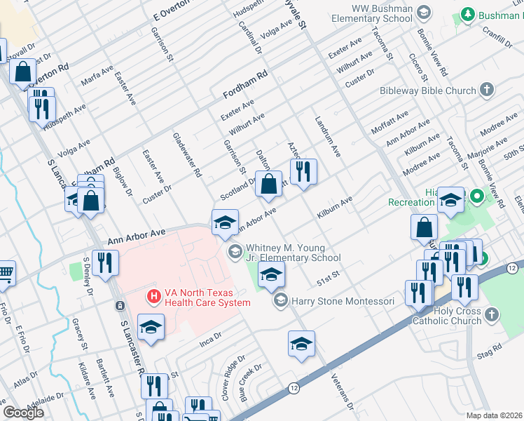 map of restaurants, bars, coffee shops, grocery stores, and more near 2251 Ann Arbor Avenue in Dallas