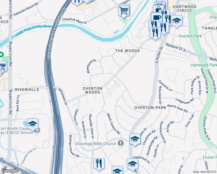 map of restaurants, bars, coffee shops, grocery stores, and more near 4911 Westbriar Drive in Fort Worth