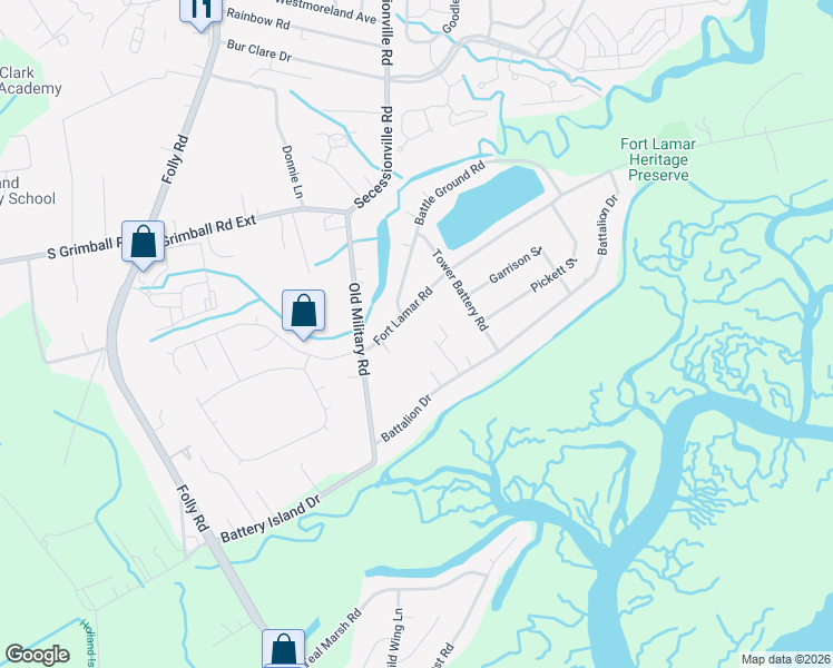 map of restaurants, bars, coffee shops, grocery stores, and more near 1437 Fort Lamar Road in Charleston