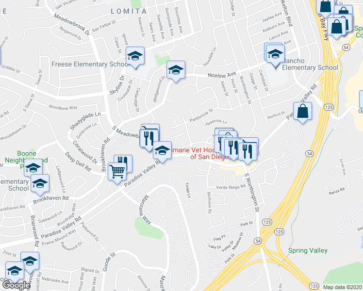 map of restaurants, bars, coffee shops, grocery stores, and more near 8146 Cacus Street in Spring Valley