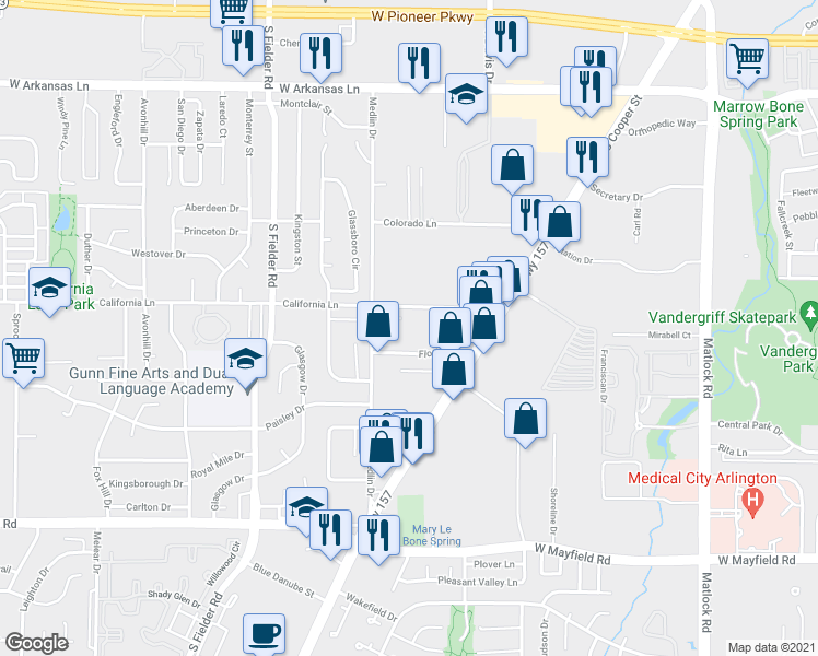 map of restaurants, bars, coffee shops, grocery stores, and more near 1224 California Ln in Arlington