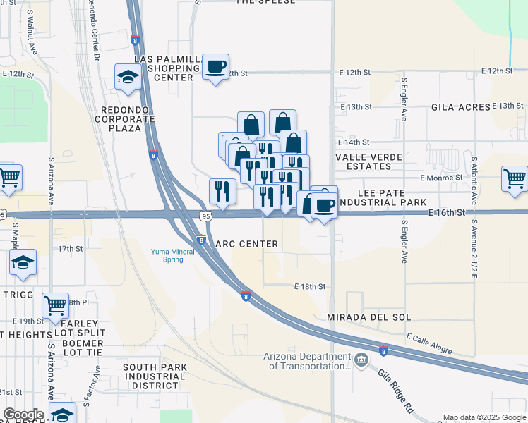 map of restaurants, bars, coffee shops, grocery stores, and more near 2837 Yuma Palms Parkway in Yuma