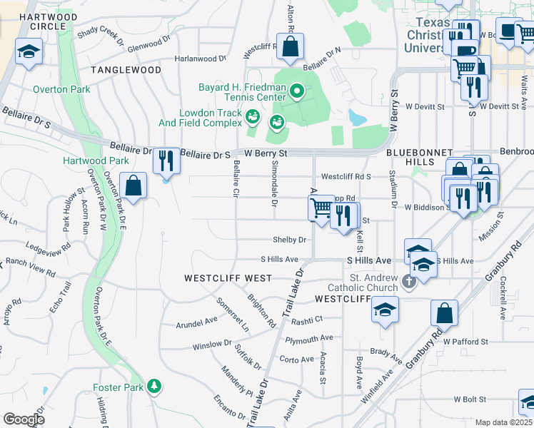 map of restaurants, bars, coffee shops, grocery stores, and more near 3706 West Biddison Street in Fort Worth