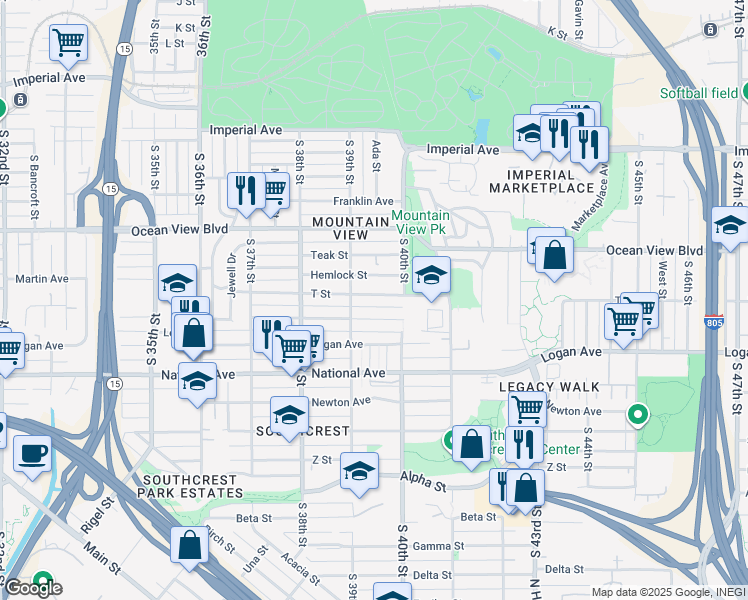 map of restaurants, bars, coffee shops, grocery stores, and more near 3943 T Street in San Diego