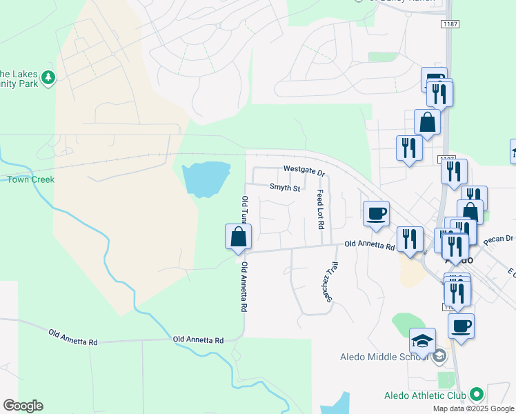 map of restaurants, bars, coffee shops, grocery stores, and more near 158 Yates Circle in Aledo