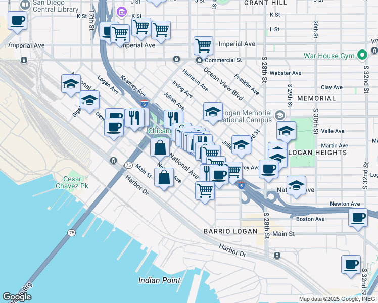 map of restaurants, bars, coffee shops, grocery stores, and more near 2130 National Avenue in San Diego