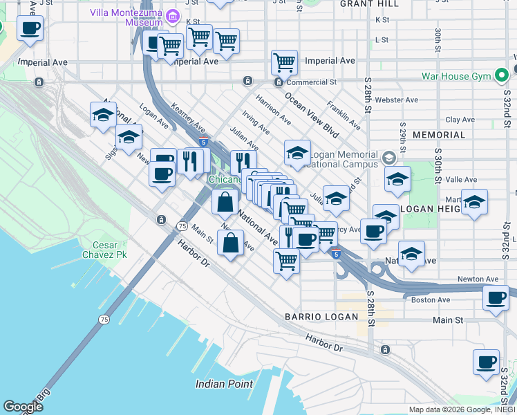 map of restaurants, bars, coffee shops, grocery stores, and more near 2130 National Avenue in San Diego