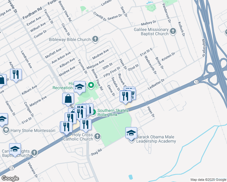map of restaurants, bars, coffee shops, grocery stores, and more near 4854 Elena Street in Dallas