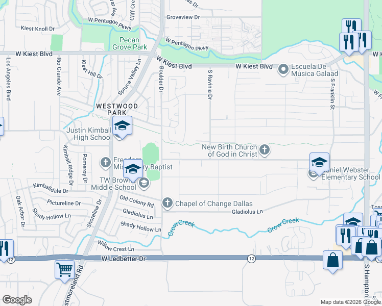 map of restaurants, bars, coffee shops, grocery stores, and more near 3107 Gibbs Williams Road in Dallas