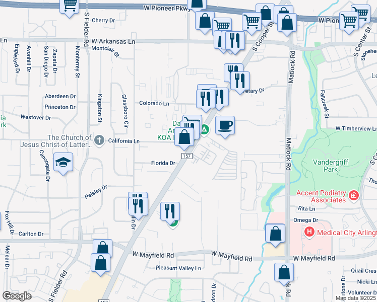 map of restaurants, bars, coffee shops, grocery stores, and more near 2818-2898 Farm to Market 157 in Arlington